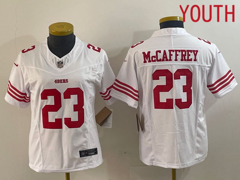 Youth San Francisco 49ers 23 Mccaffrey White 2023 Nike Vapor Limited NFL Jersey style 3